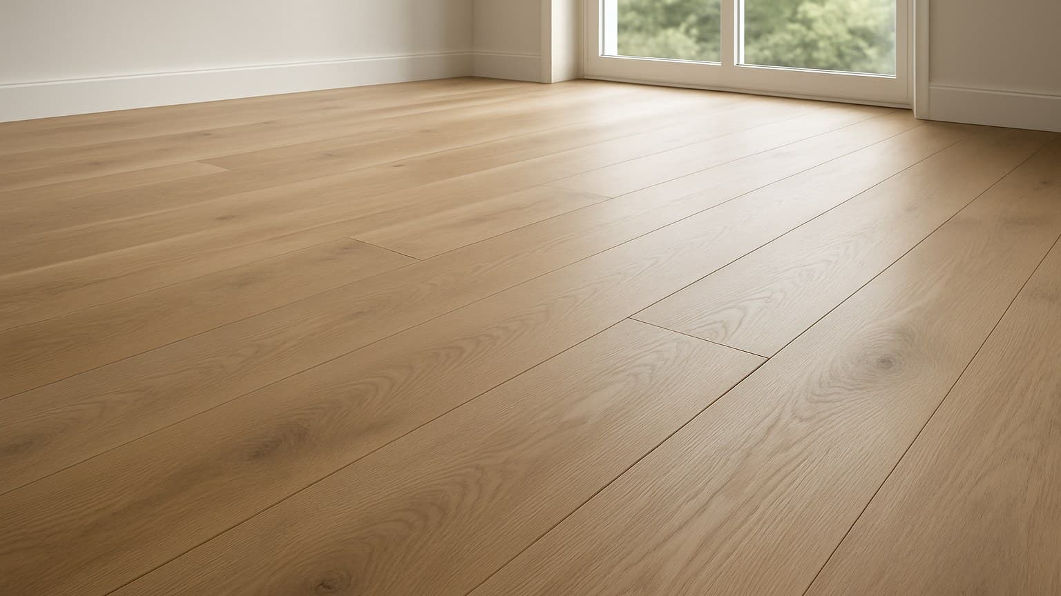 An empty room with wide plank wood flooring, large windows, and natural light reflecting off the floor surface