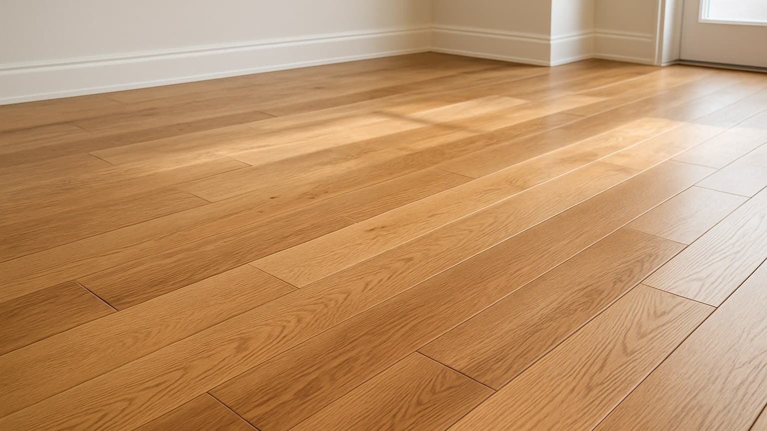 An empty room with wooden floor planks in staggered installation pattern