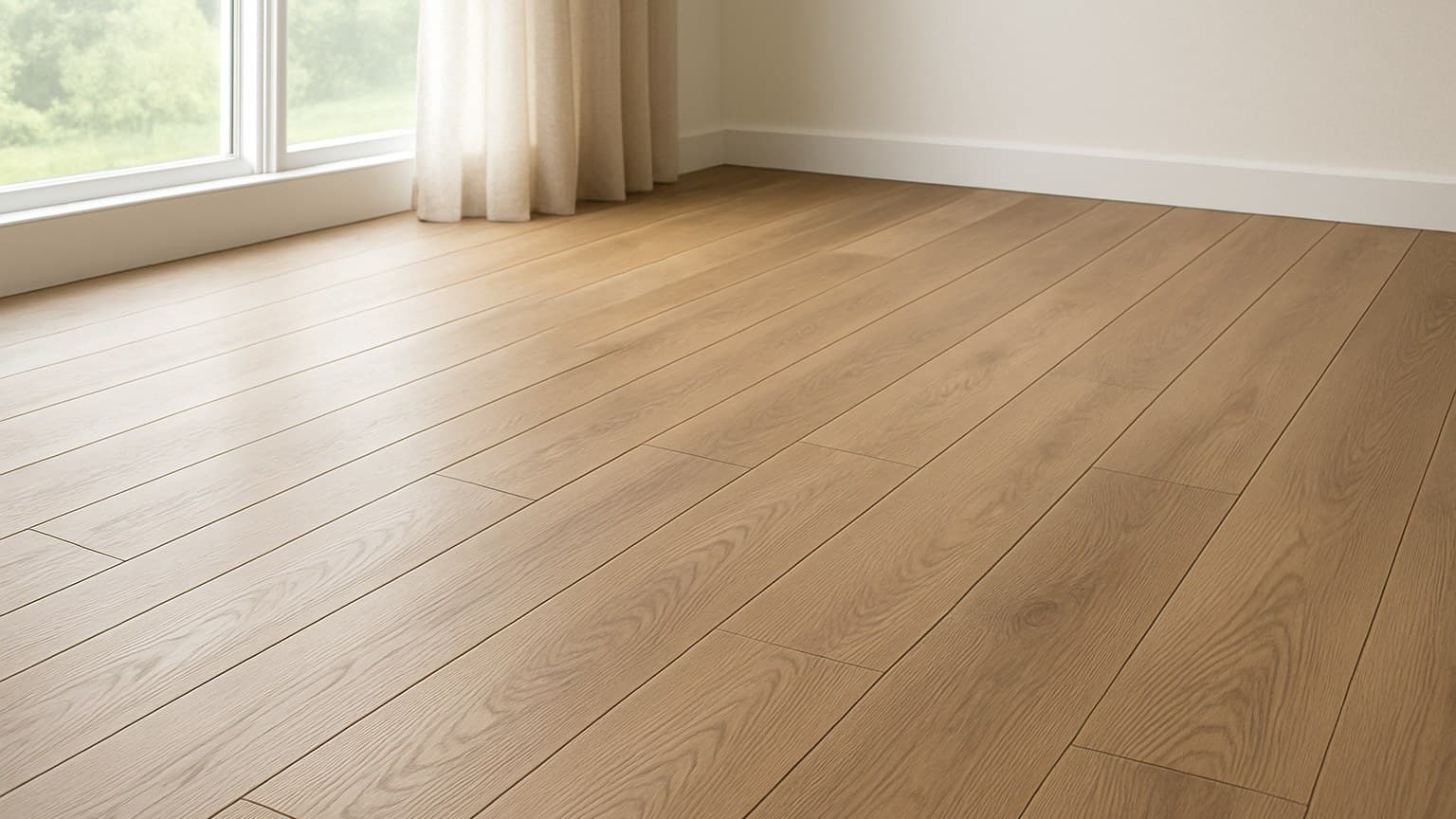 A bright room with light tan wood-toned plank flooring and a view through windows with sheer curtains.