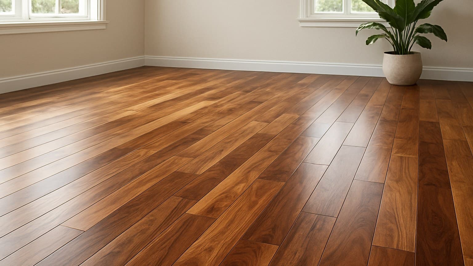 A room interior with wooden plank flooring in warm brown tones, windows, and a potted plant.