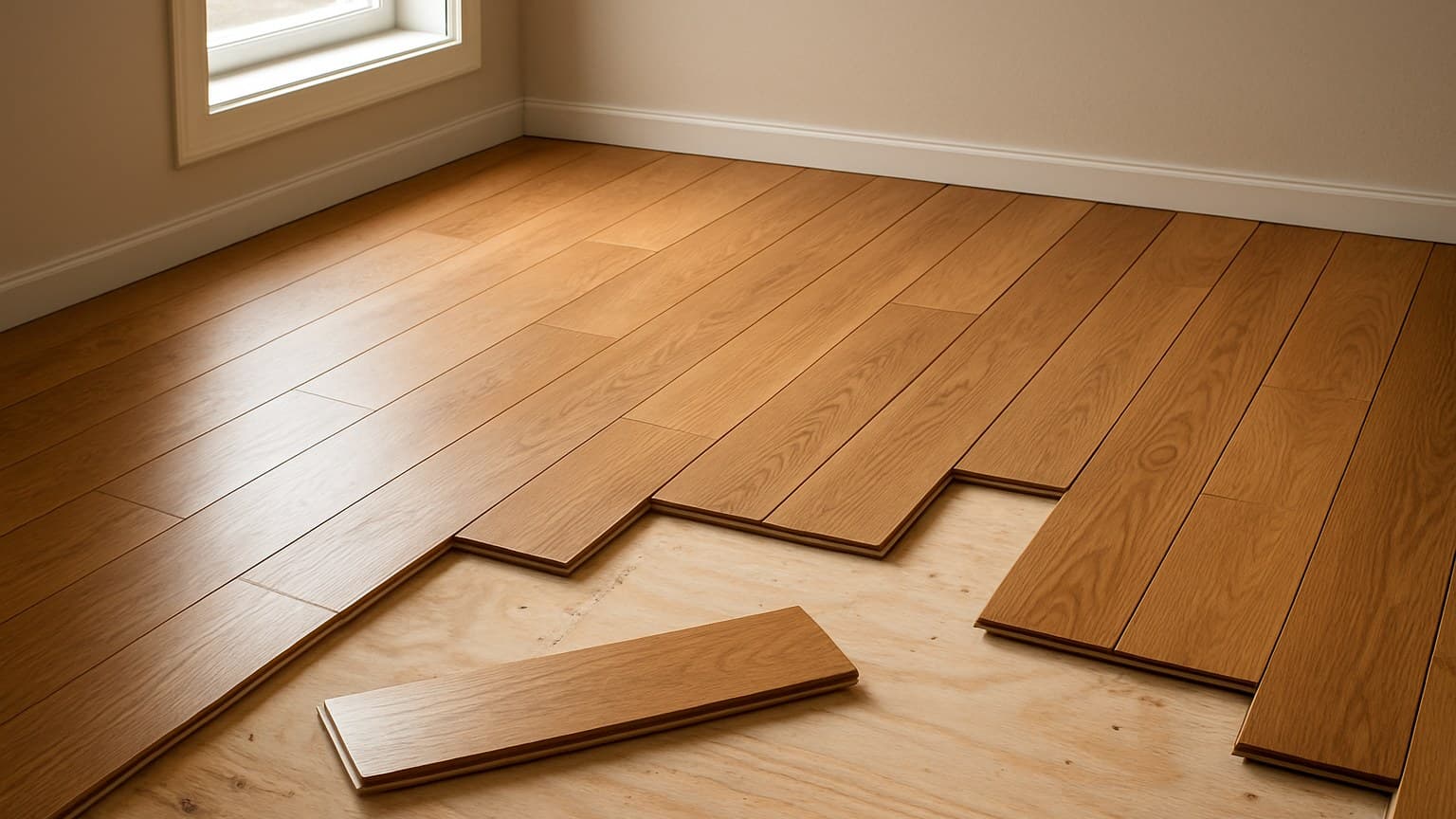 A room with wood flooring partially installed, with some planks laid and others loose on the subfloor.