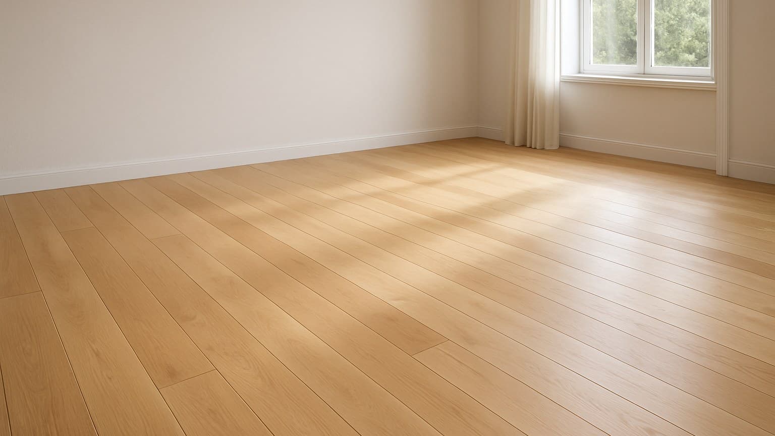 Empty room with light-colored wooden plank flooring and white walls.
