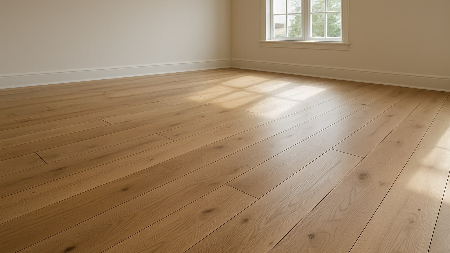 A room with wide wood planks covering the floor, sunlight streaming through a window, knots and wood grain clearly visible.