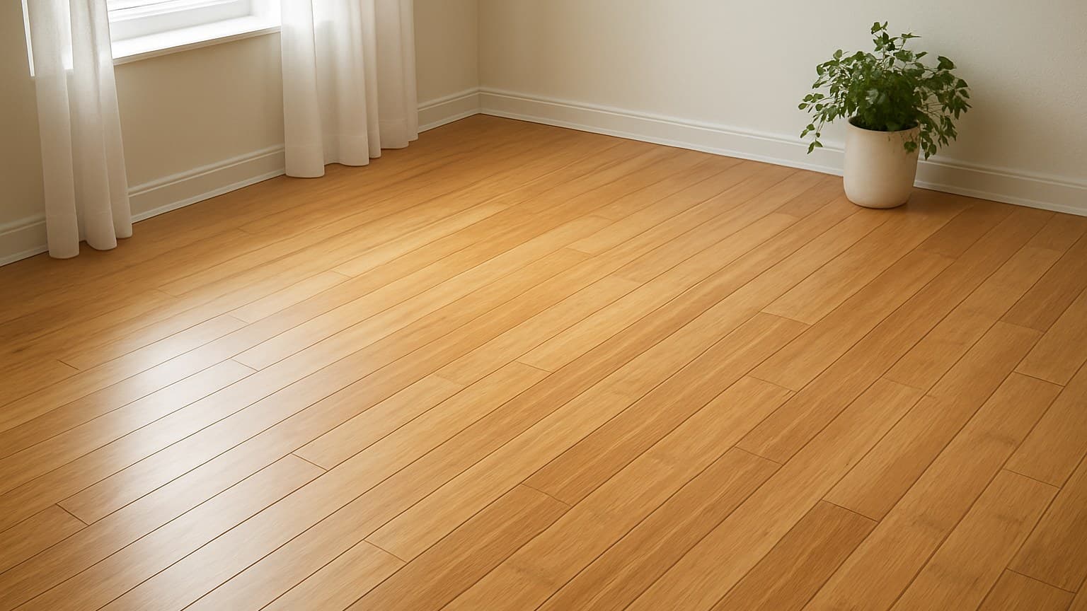A spacious room with golden-brown plank flooring featuring linear grain patterns, white trim, sheer curtains, and a potted plant.