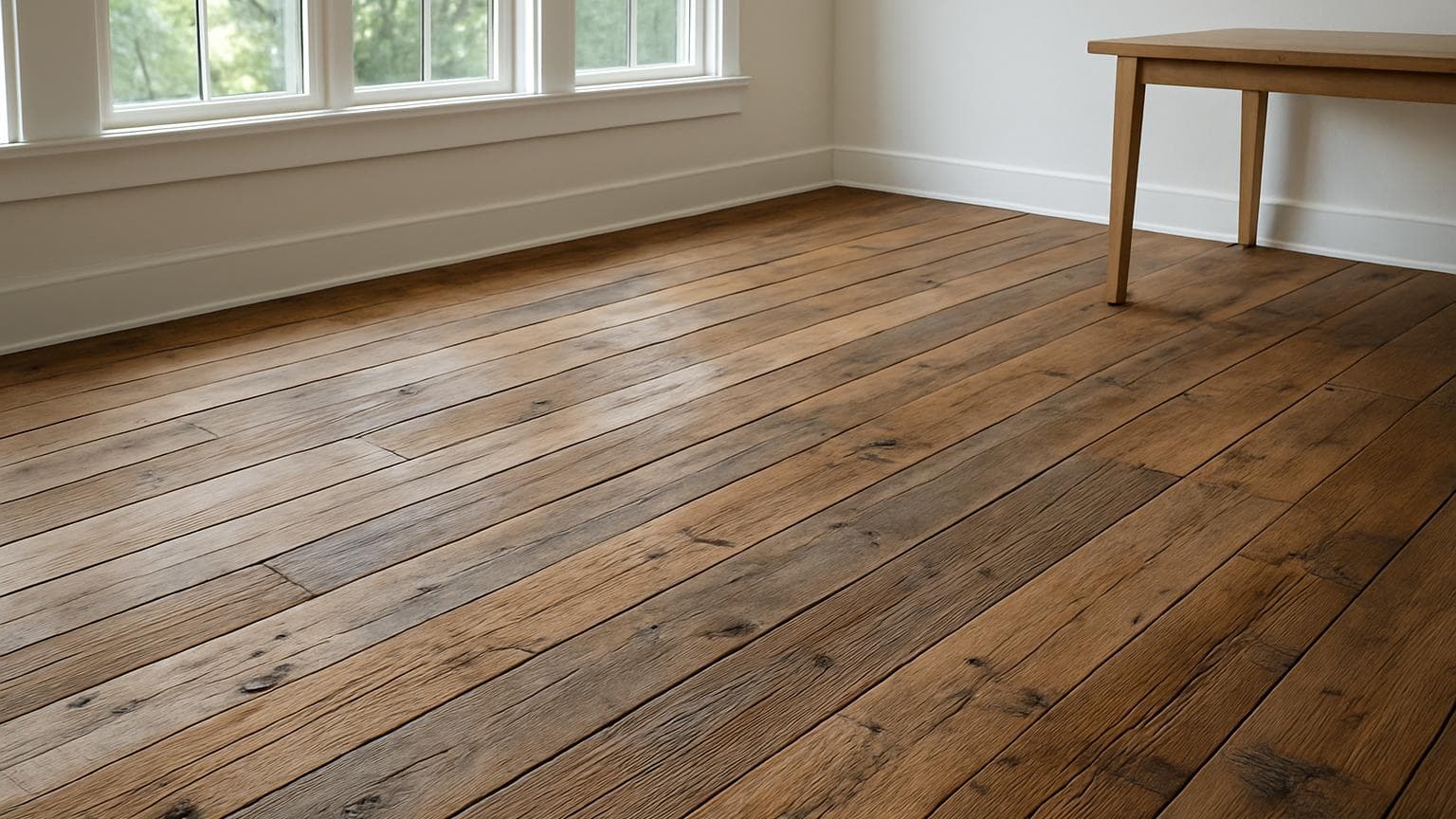 An empty room featuring a hardwood floor with visible grain patterns, dark knots, and natural color variation consistent with aged or reclaimed wood flooring