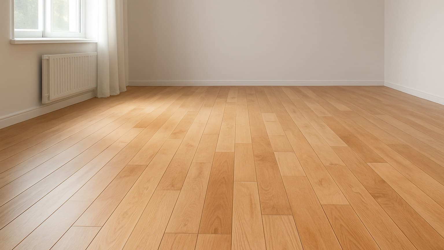 Room with light-colored hardwood floor planks in traditional layout, white walls, and a window with radiator.