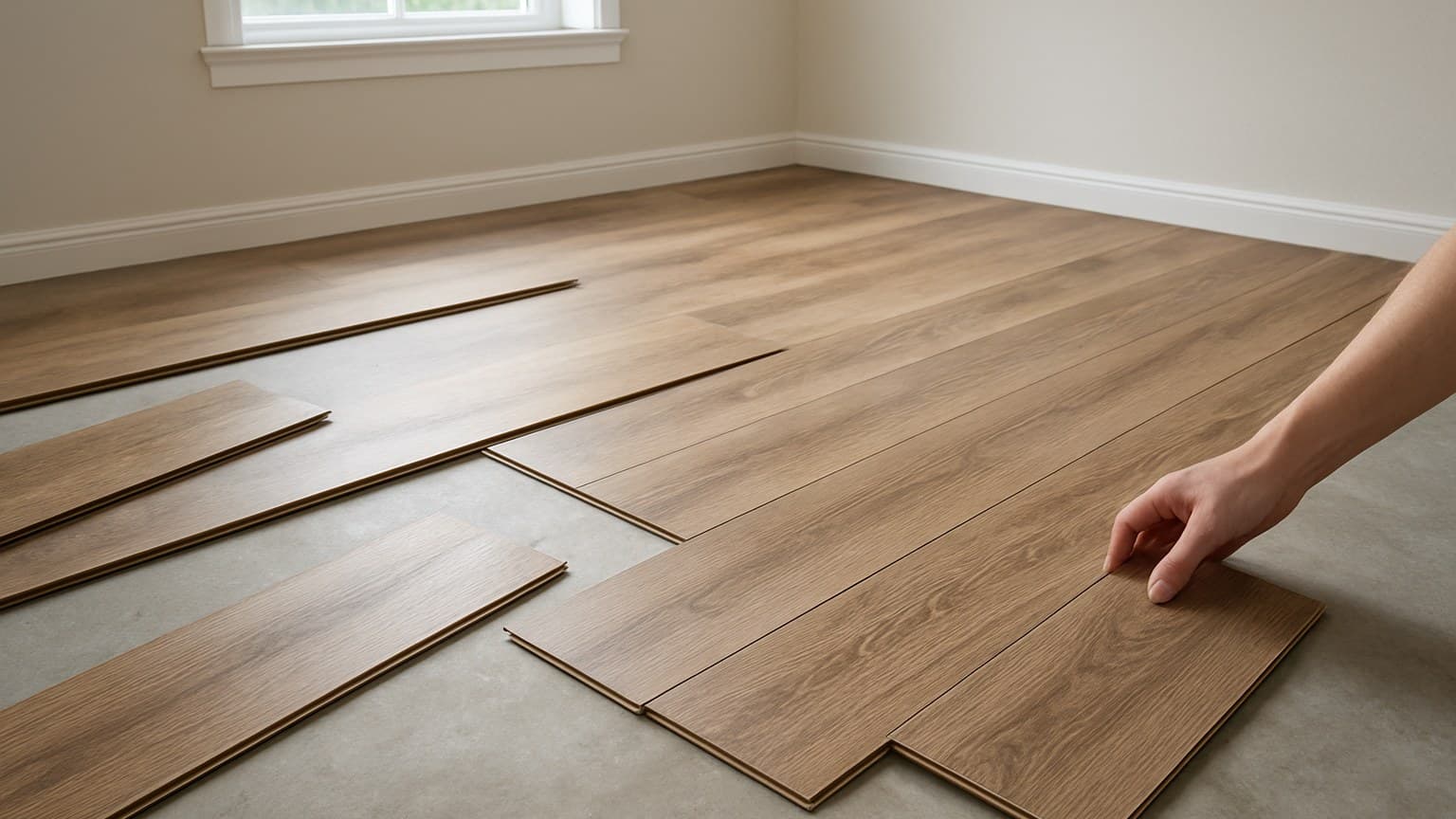 Wood-look flooring planks laid out during installation, with a hand positioning one plank on concrete substrate.