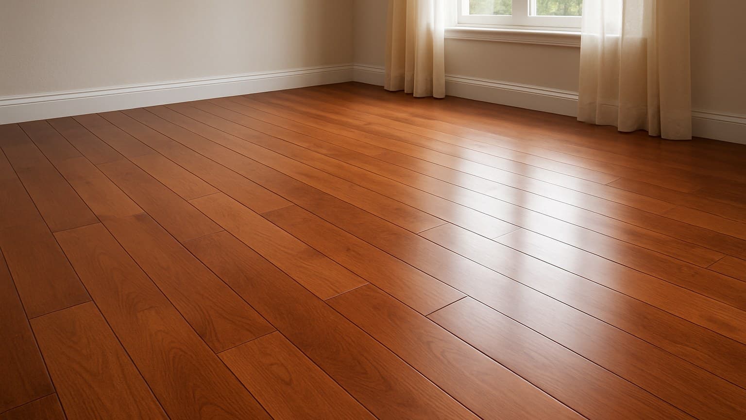 A room with installed hardwood flooring in warm reddish-brown tones, bright windows with curtains, and light walls.