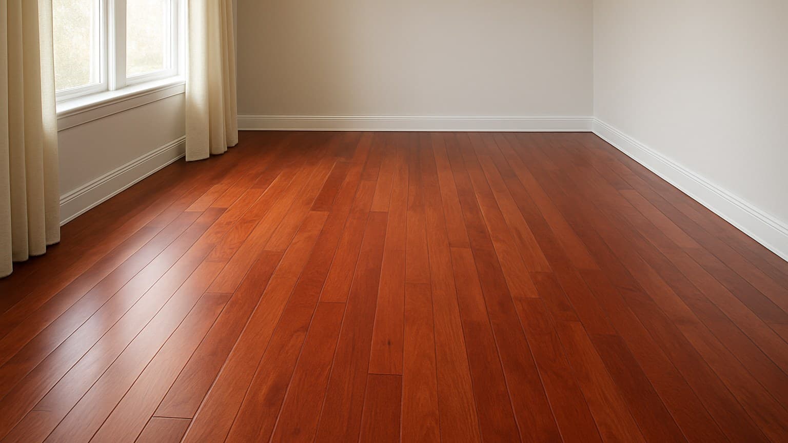 An empty room with natural wood plank flooring in warm reddish-brown tones, white walls, and a window with light curtains.