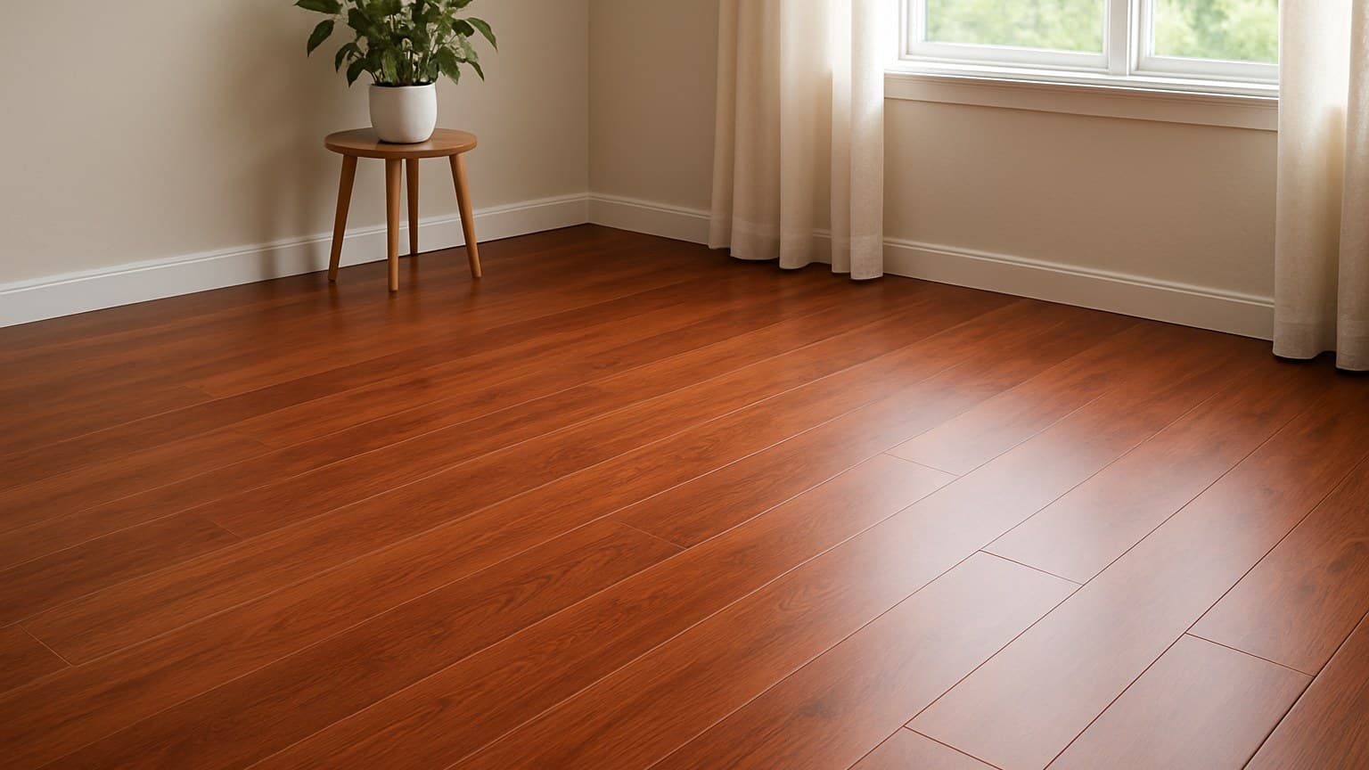 A room with warm reddish-brown plank flooring featuring a wood grain pattern and distinct seams between planks.
