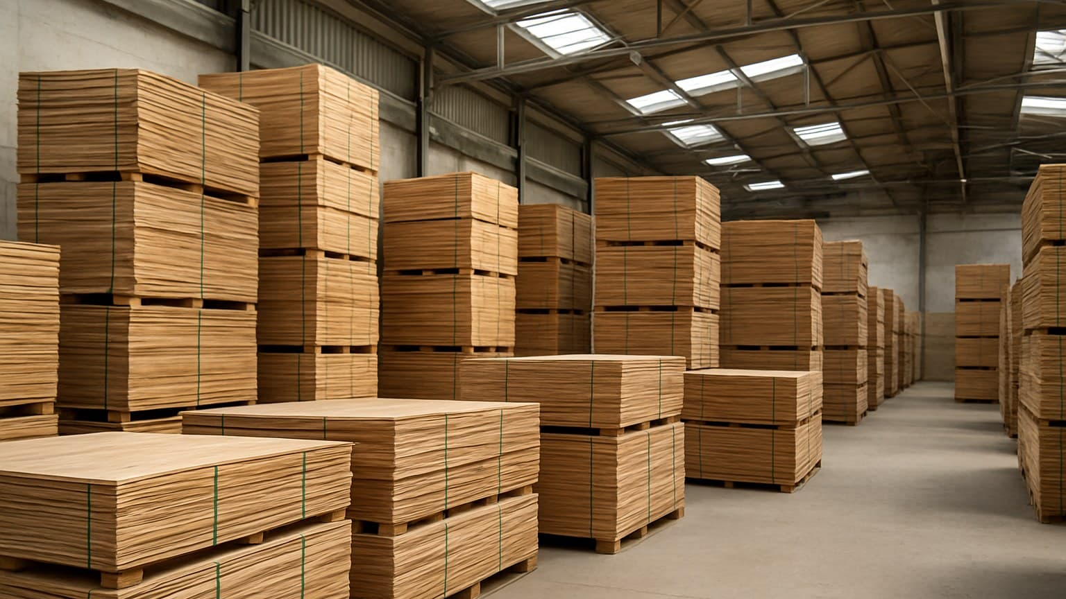 Stacked wooden planks on pallets arranged in rows within an industrial warehouse with metal framework and skylights