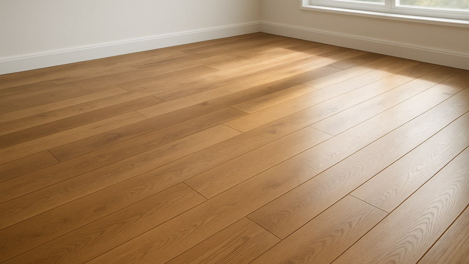 A room with wood plank flooring displaying warm honey tones, visible wood grain, and natural color variation across boards.