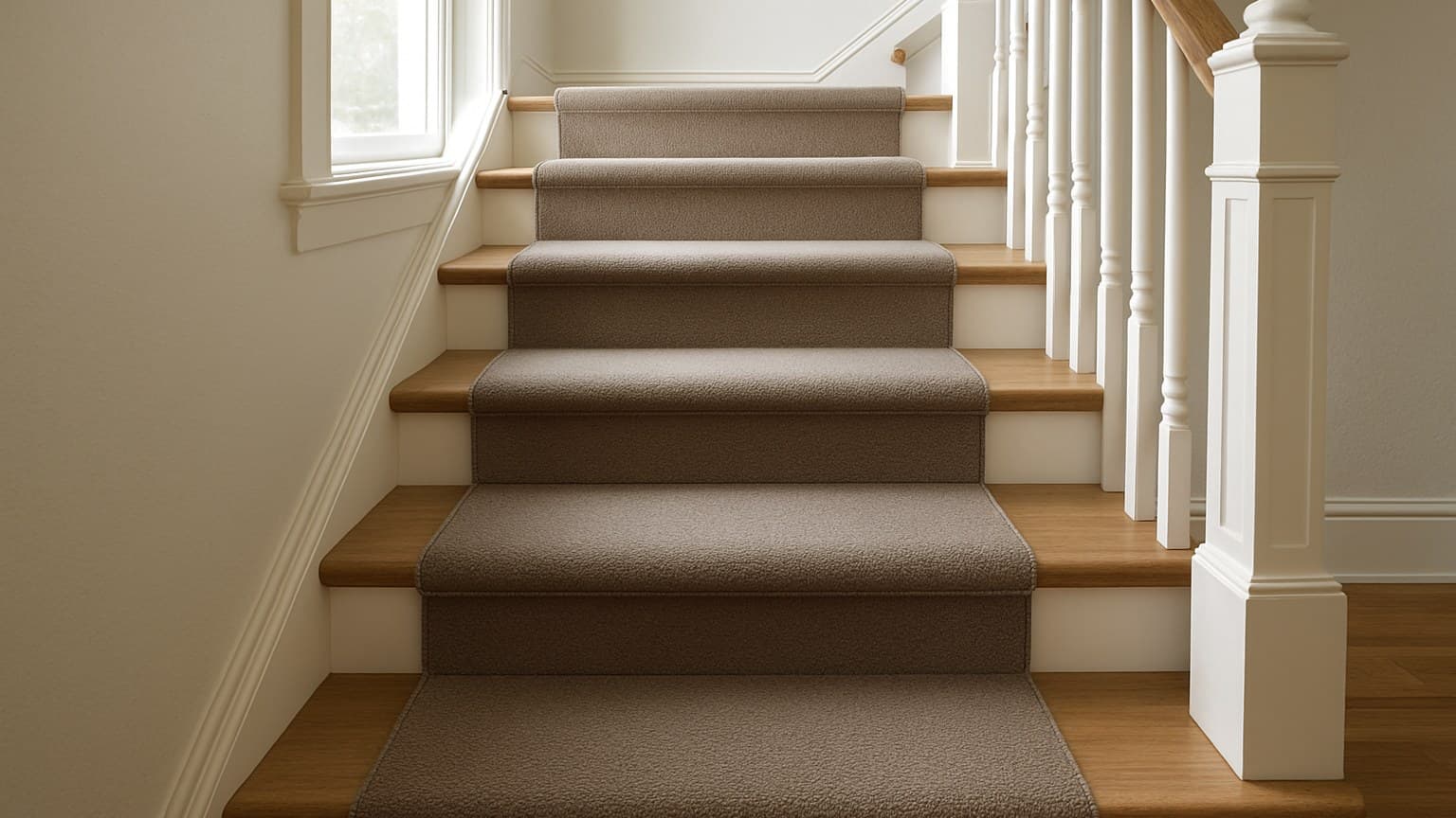 A staircase with brown textured carpet runners covering the treads and landing areas.