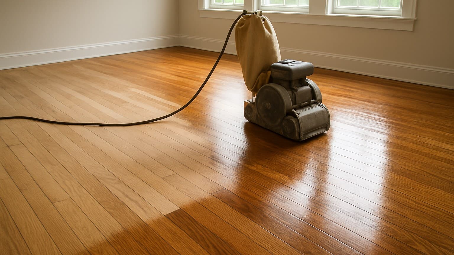 Polished hardwood floor with a drum sanding machine and collection bag in an empty room with windows