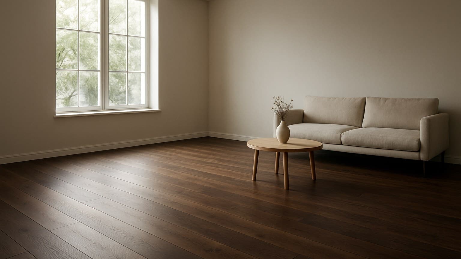 An empty room interior featuring dark wood plank flooring, a window, beige sofa, and small table.