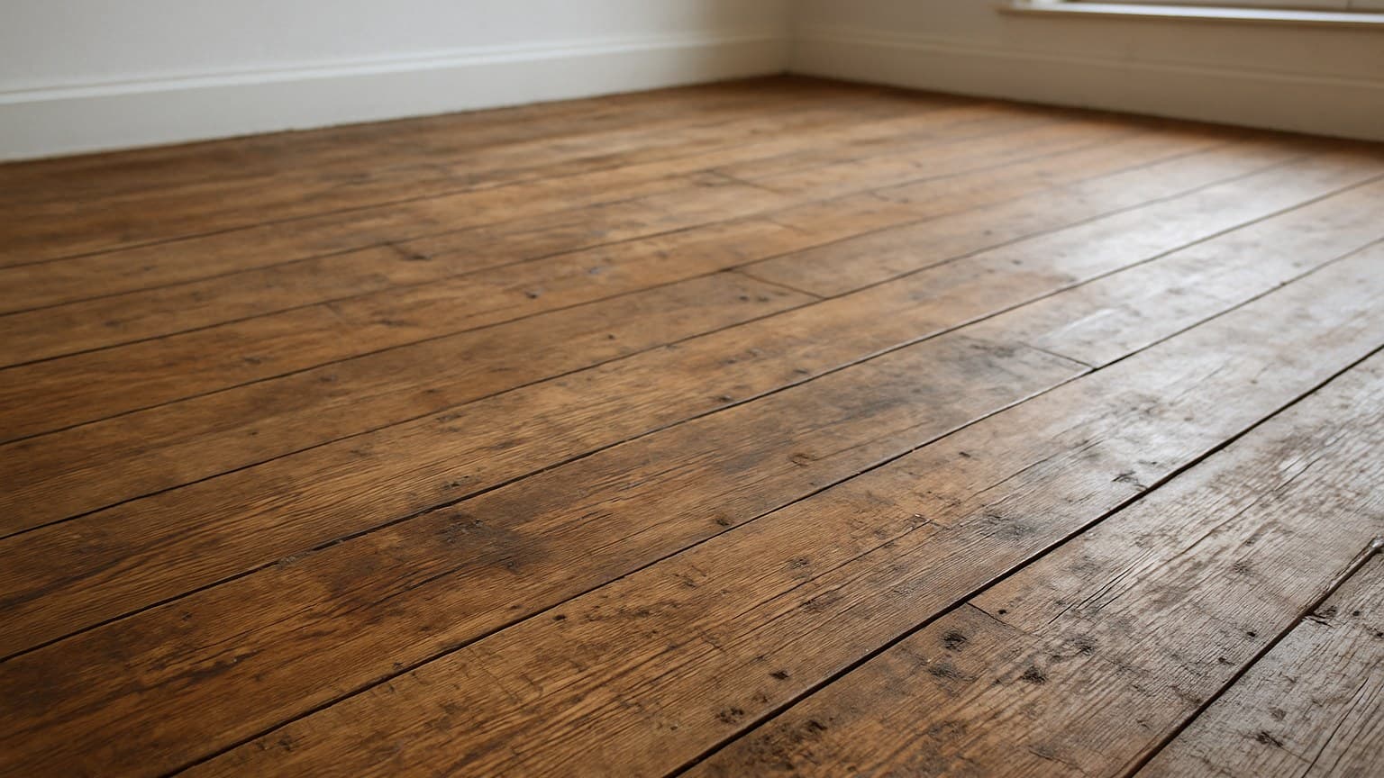 An interior room with medium-brown wooden floorboards showing visible grain, knots, and surface wear patterns.