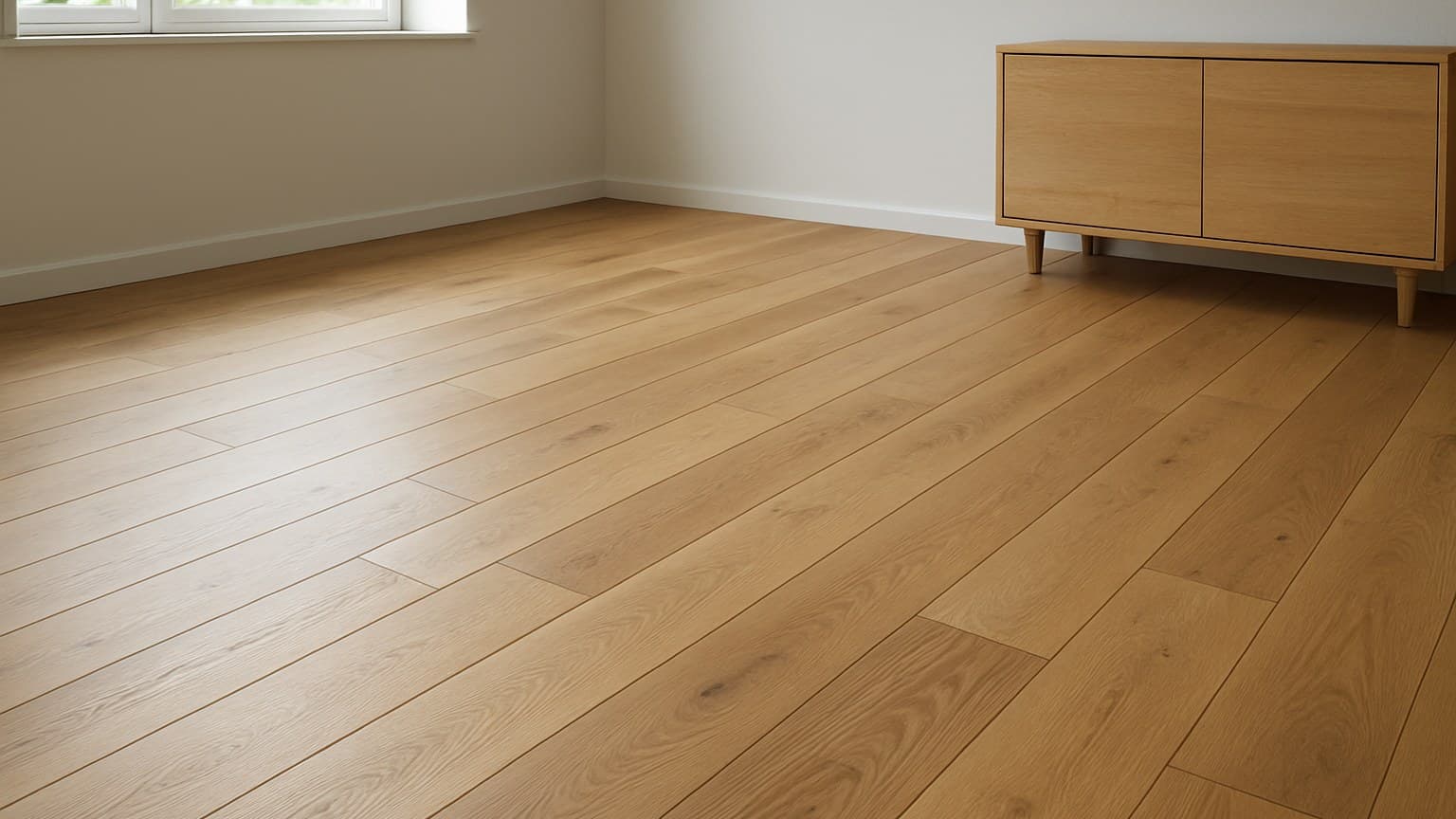 A room with light tan wood-look plank flooring arranged in a running pattern, featuring windows and wooden furniture.