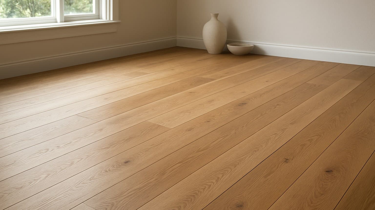 A room with a light tan wooden floor showing visible grain patterns and knots, with windows on the left and white walls.
