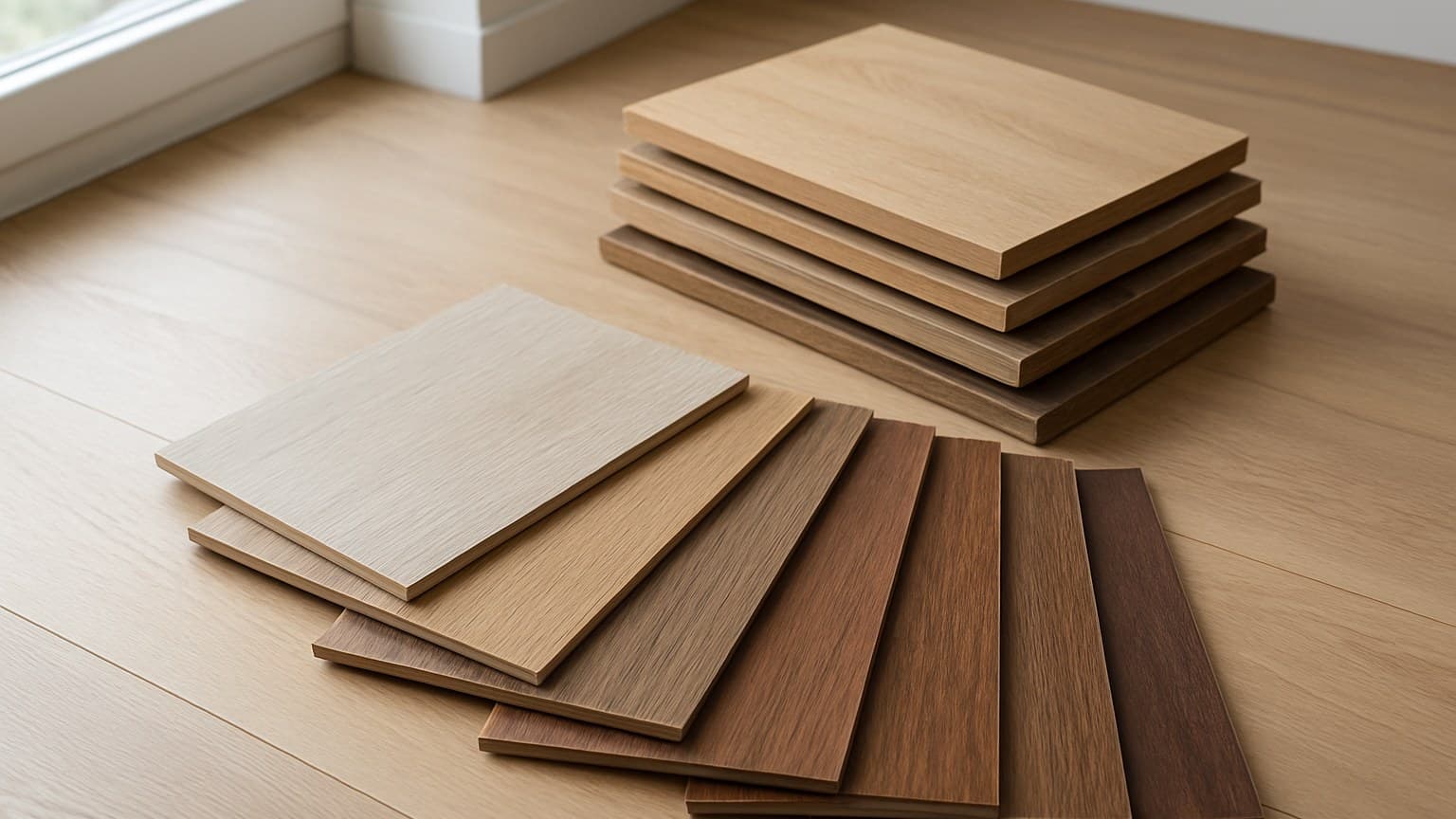 Multiple flooring sample planks arranged on a light wood floor, displaying various wood finishes from light to dark brown.