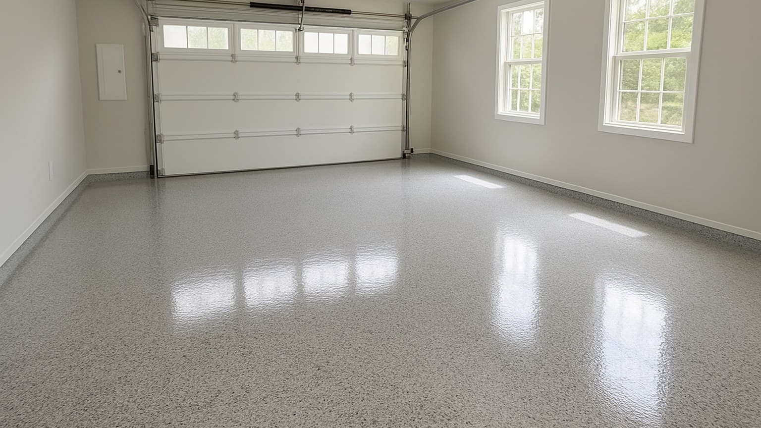 An empty garage with a polished light gray speckled floor, white garage door, and windows along the side walls