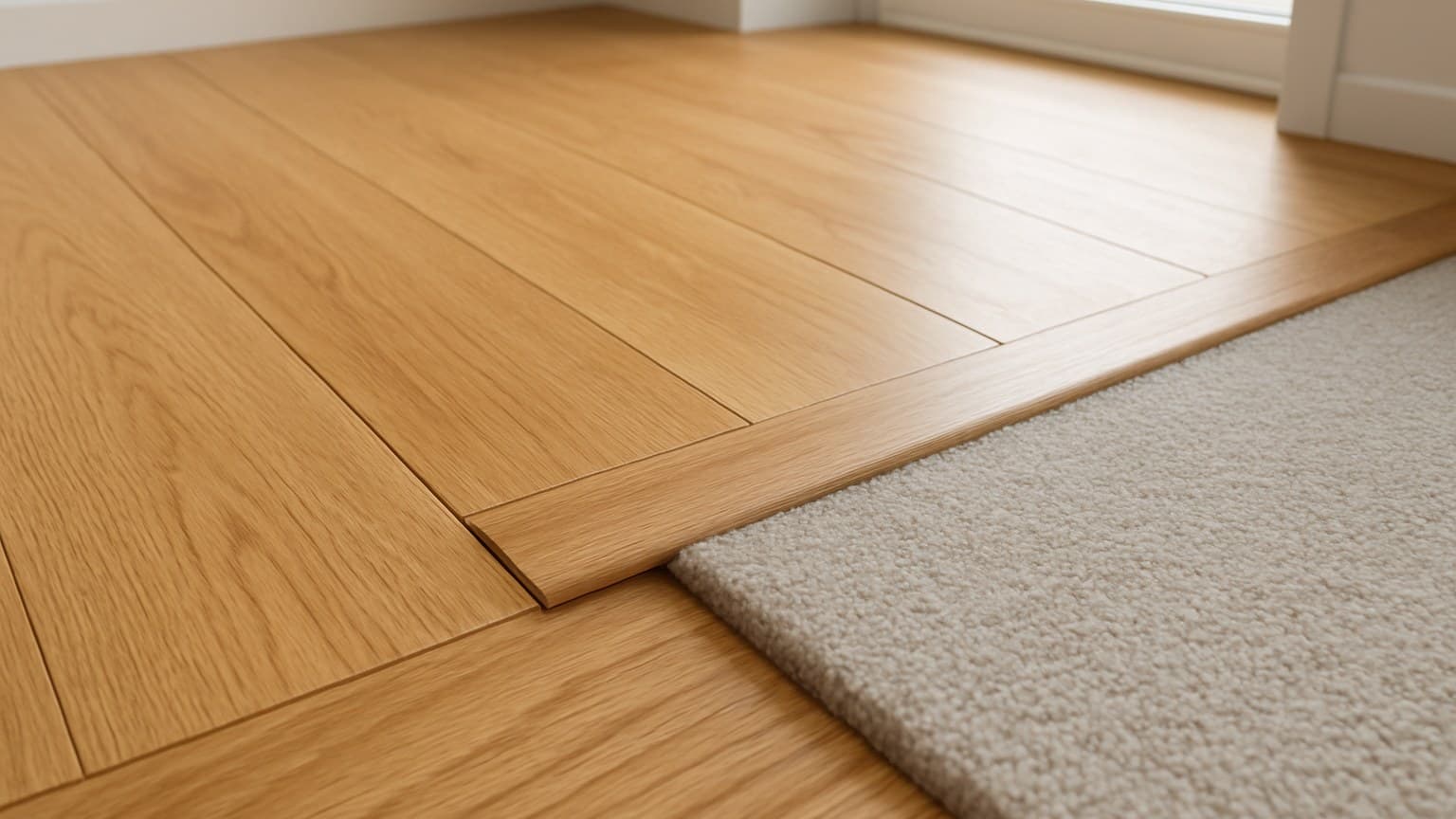 A transition molding separates light wood flooring from gray carpeted flooring.