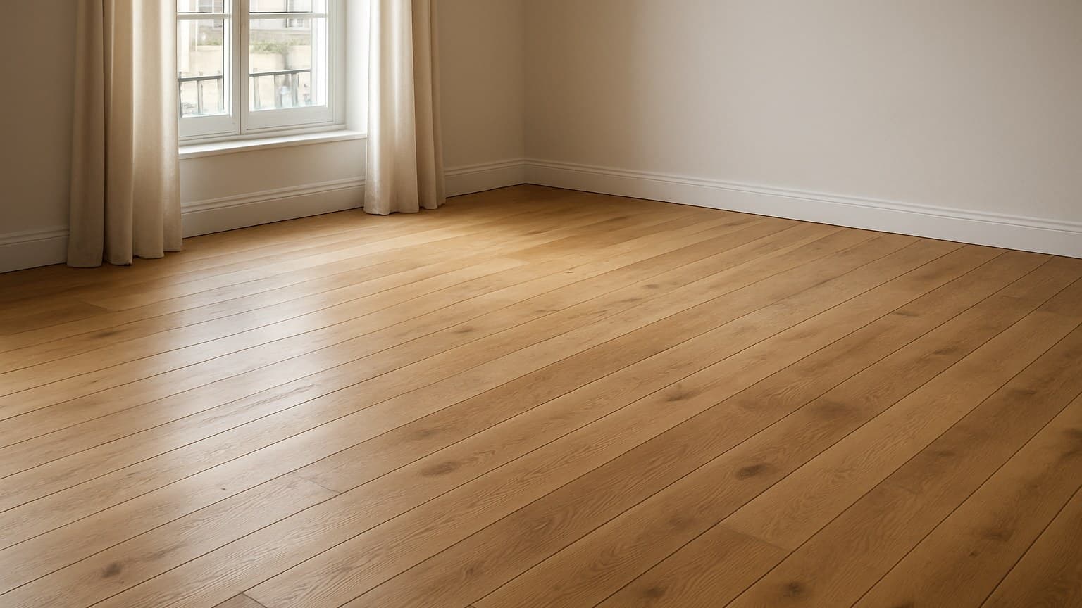 A room with light to medium brown wooden flooring displaying natural grain patterns and knots typical of oak species.