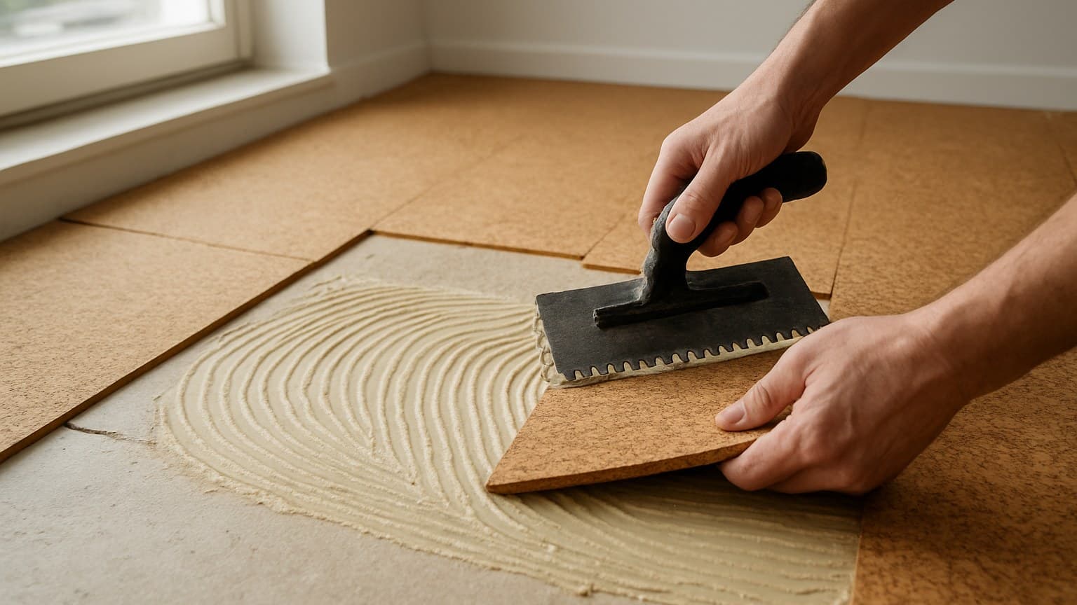 A person uses a notched trowel to spread adhesive onto cork floor tiles during installation.