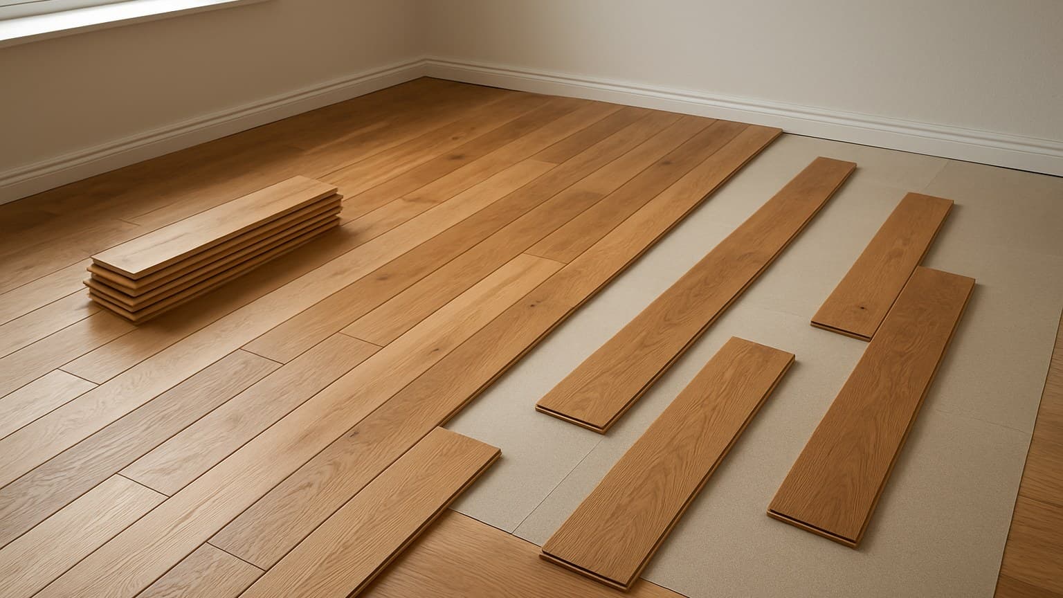 A room with wood flooring planks laid out during installation, some positioned on beige underlayment.