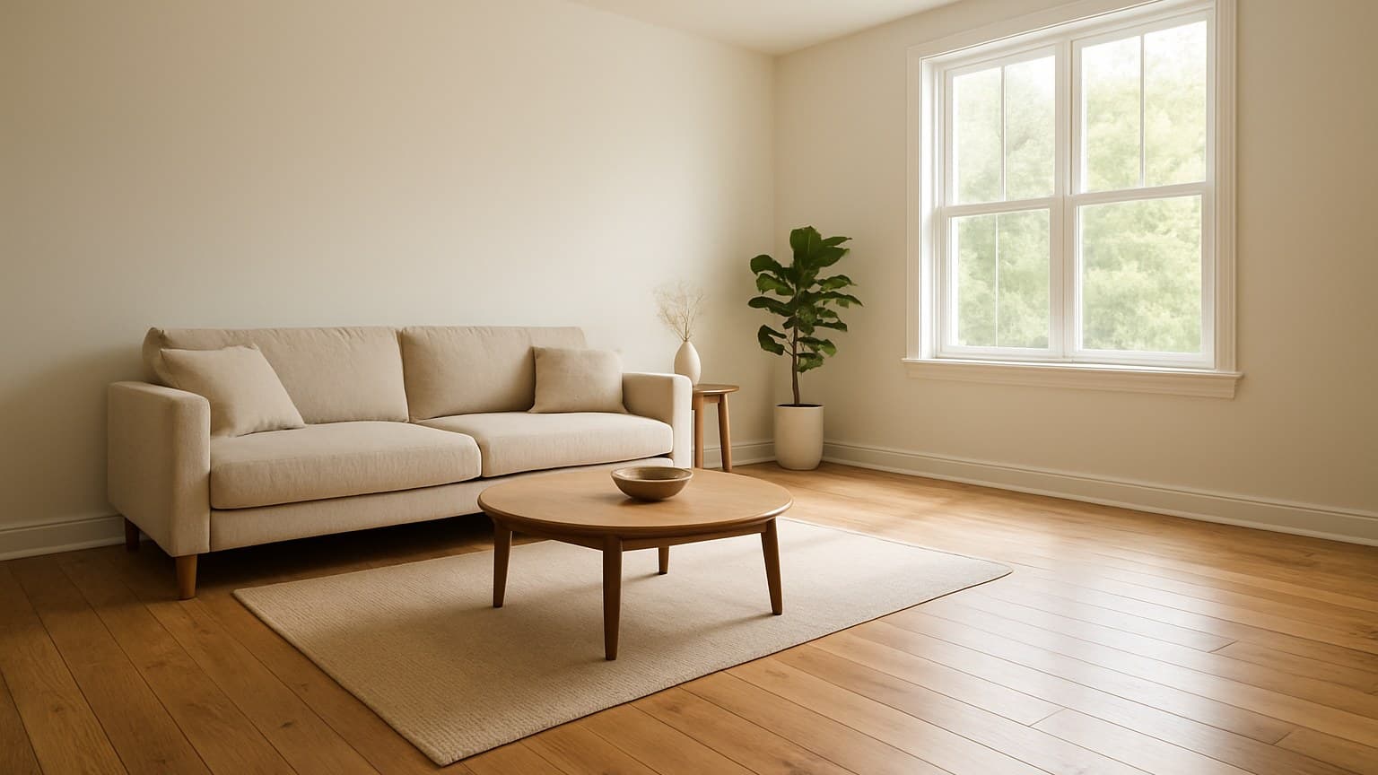 A living room with warm-toned wood plank flooring, cream sofa, wooden coffee table, area rug, and natural window light.