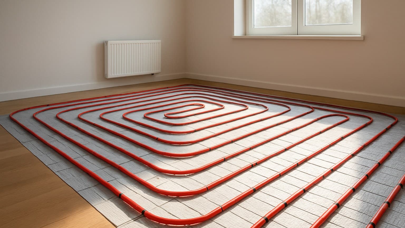 A room with red heating tubing arranged in a serpentine pattern beneath flooring materials.