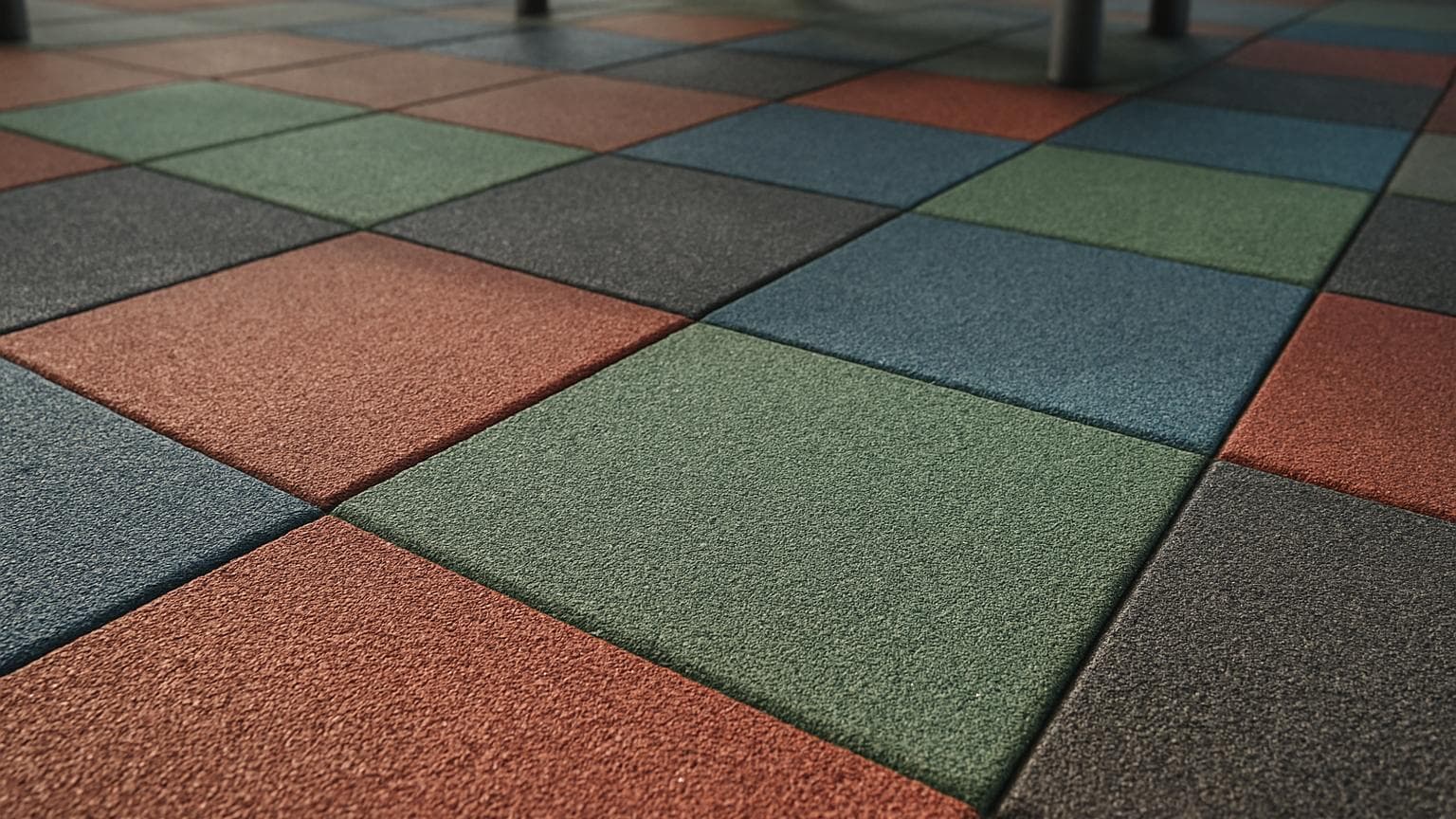 Colorful interlocking foam or rubber tiles in various colors covering a playground floor, with metal support structures visible.