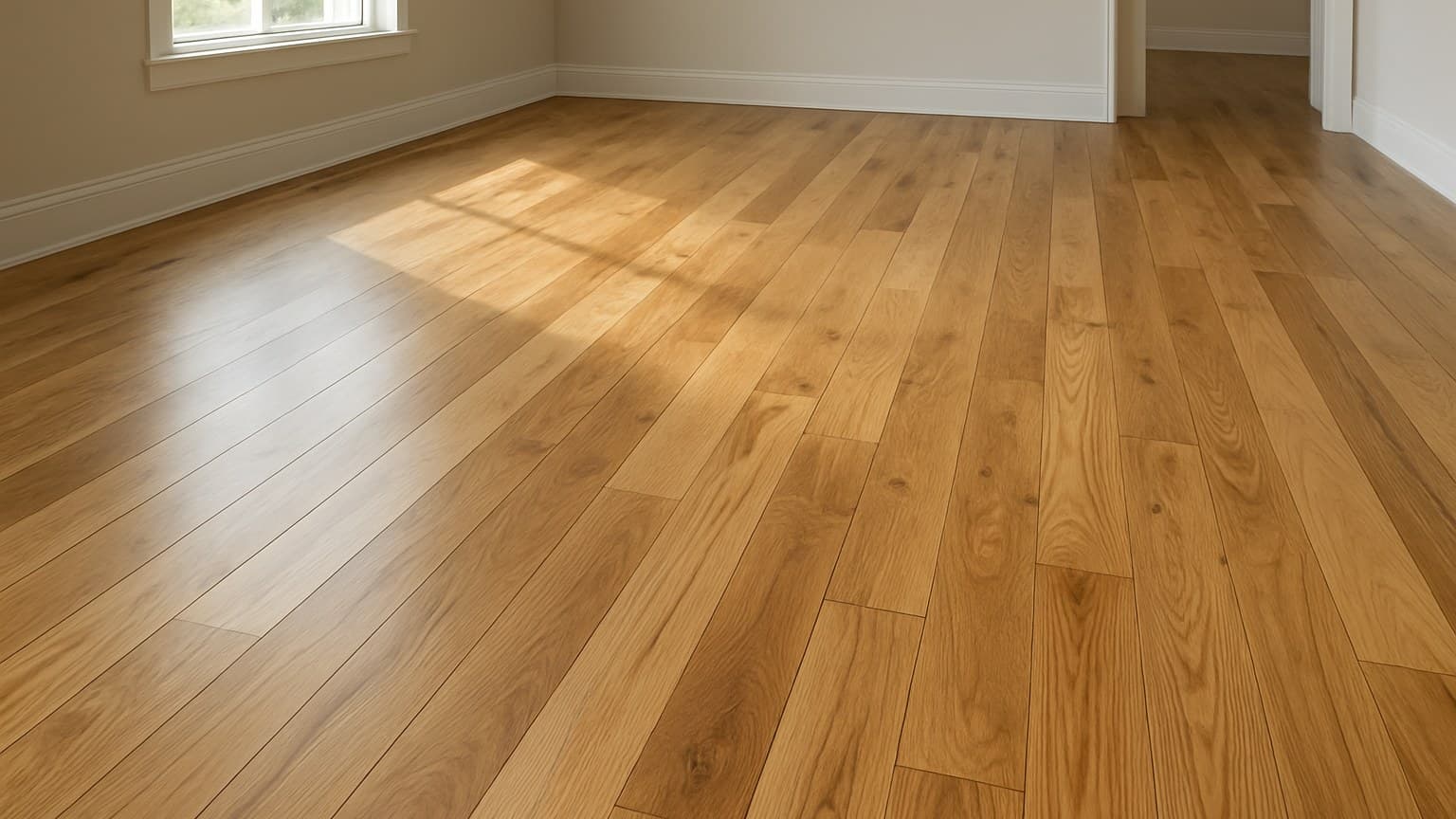 An empty room with honey-toned hardwood plank flooring laid in a standard pattern, with visible wood grain throughout