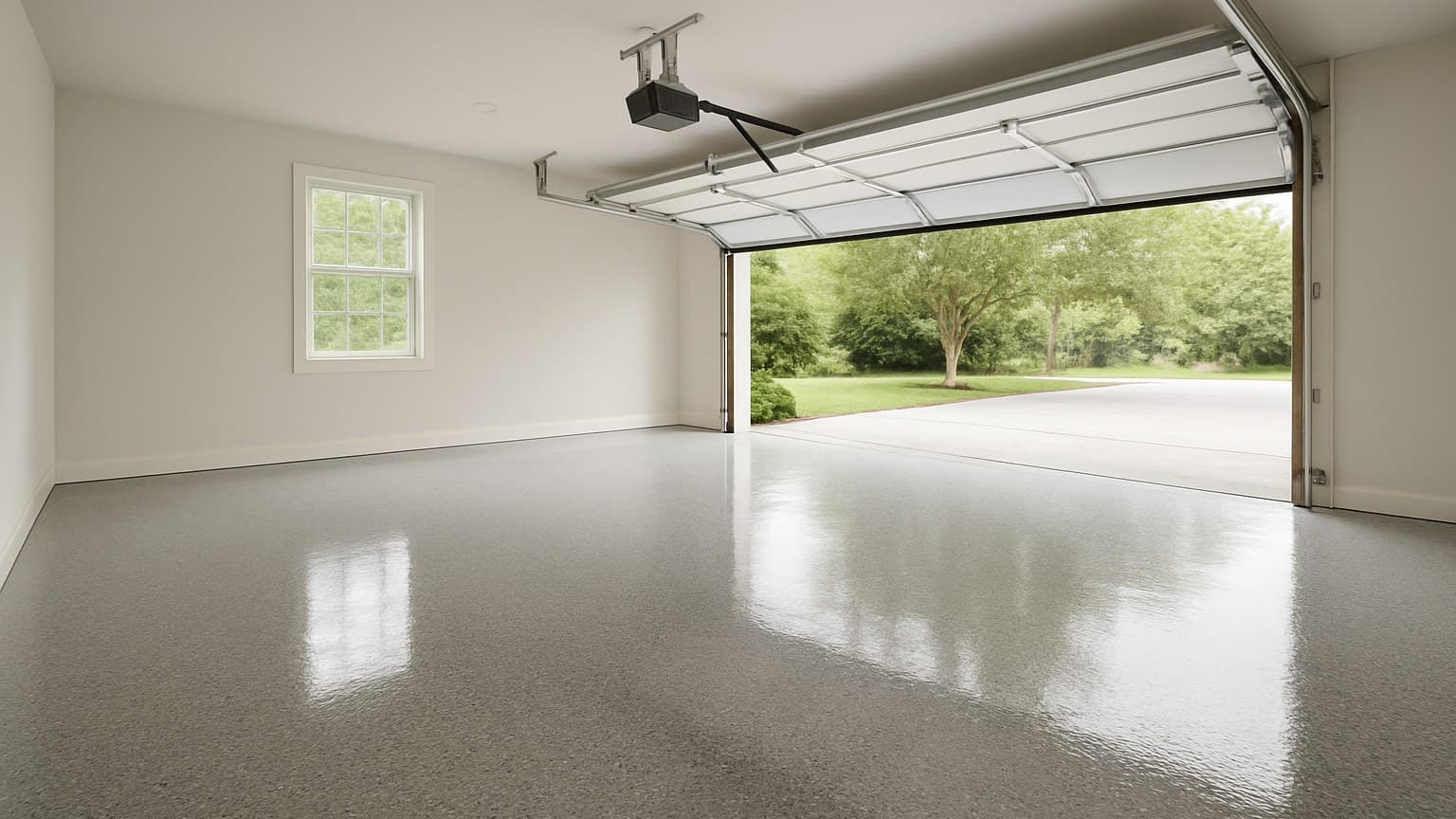 A garage interior with a smooth, reflective polished concrete floor and open garage door.