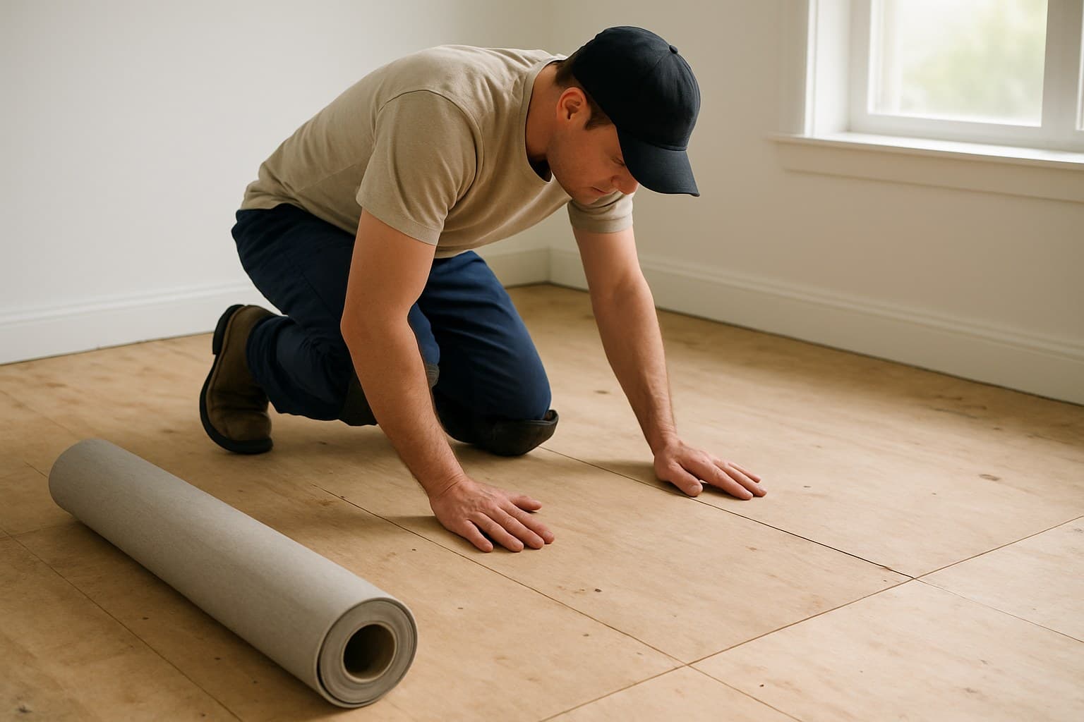 Installer inspecting subfloor before laying vinyl flooring