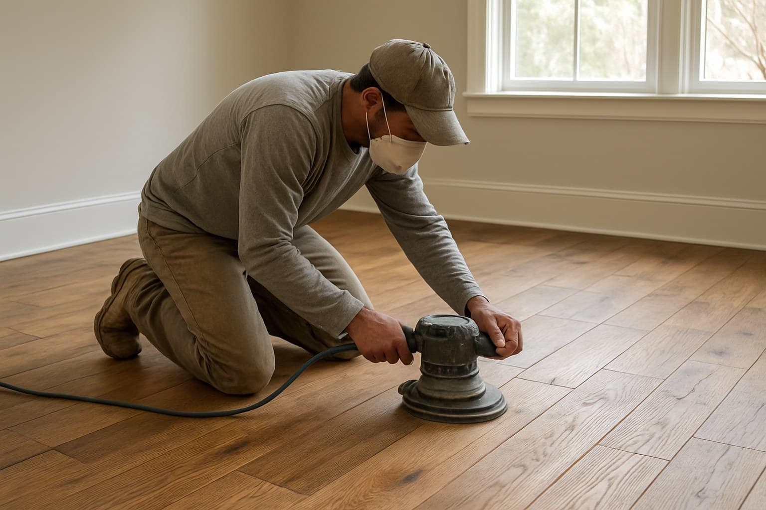 Worker sanding a wood floor during refinishing of engineered hardwood