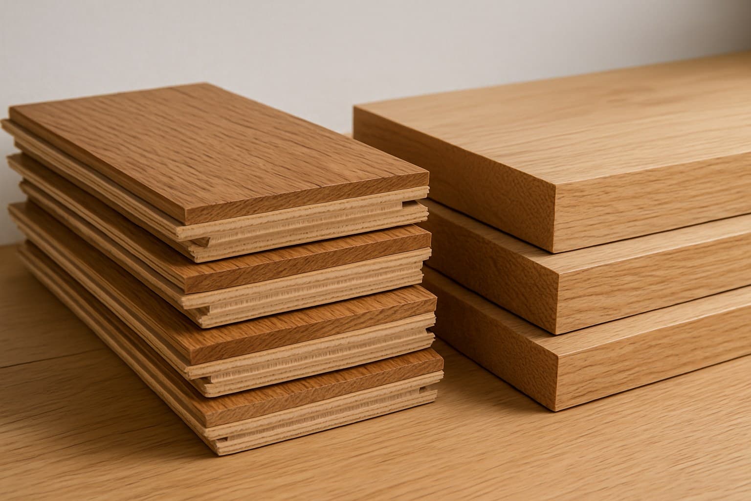 Cross-section of engineered oak flooring planks stacked next to solid wood boards