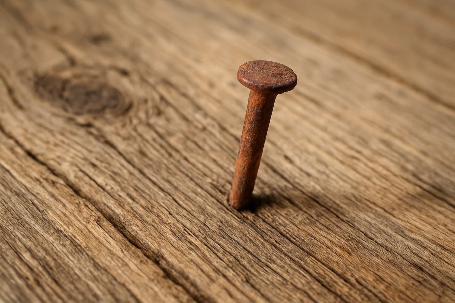 Rusty old nail embedded in a weathered reclaimed wood plank