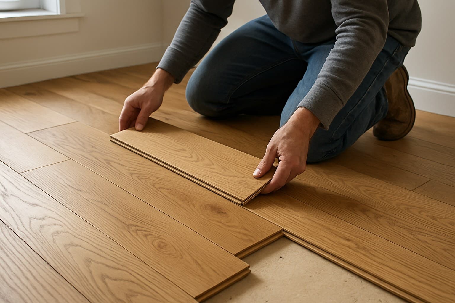 Installer fitting engineered hardwood flooring planks onto a subfloor