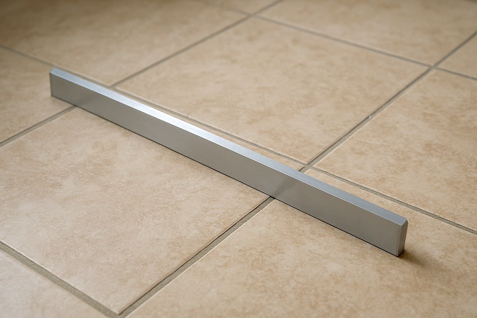 Straightedge laid across tile grout lines to test for lippage before installing LVP
