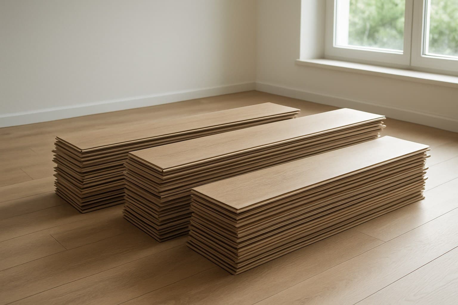 Stacked laminate flooring planks acclimating in a room before installation