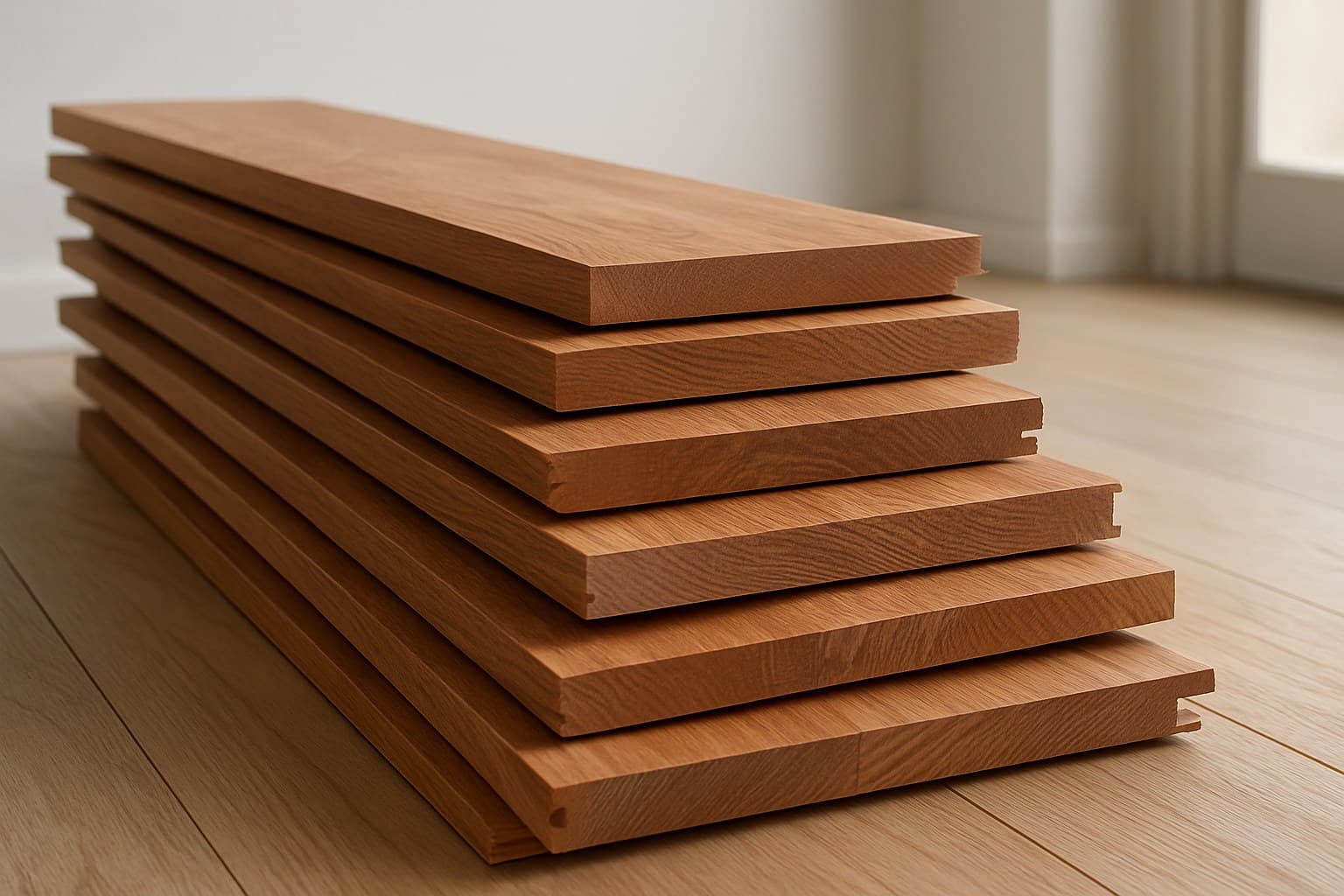 Stack of hardwood flooring planks showing different cuts and grades