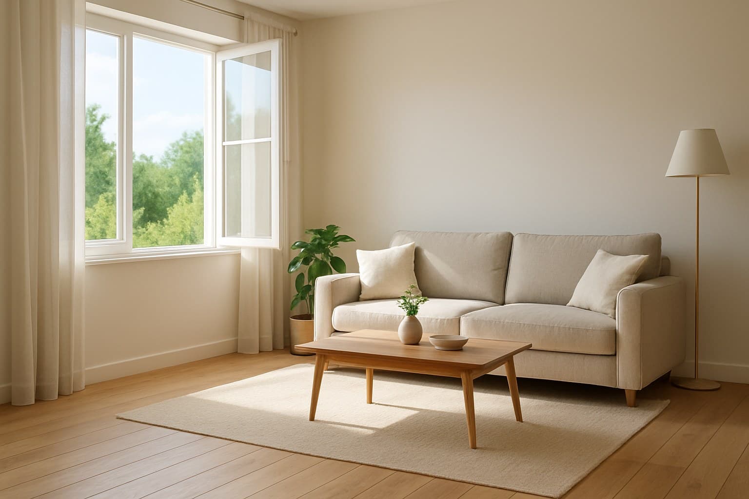 Sunlit living room with open window suggesting clean indoor air