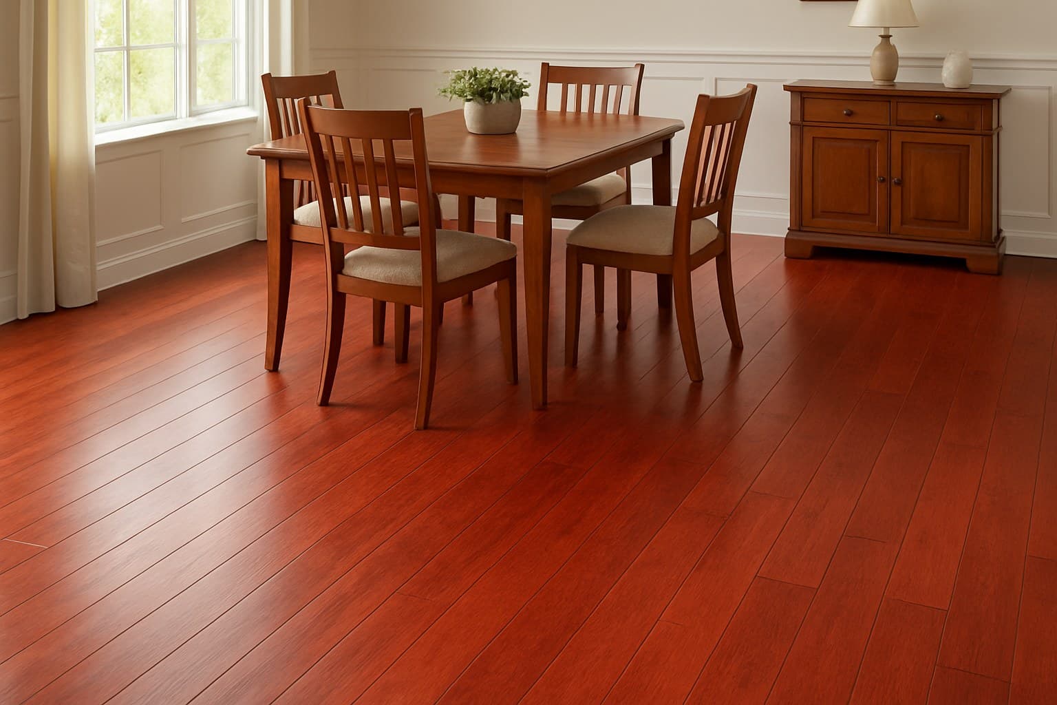 Bright red-leaning cherry wood floor in a traditional dining room