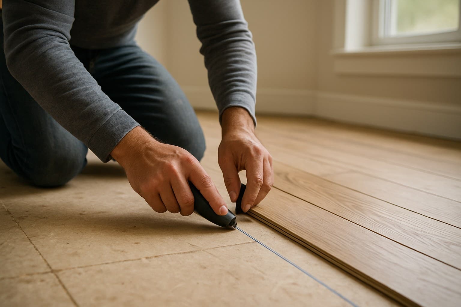 Carpenter snapping a chalk line on a subfloor to guide plank placement