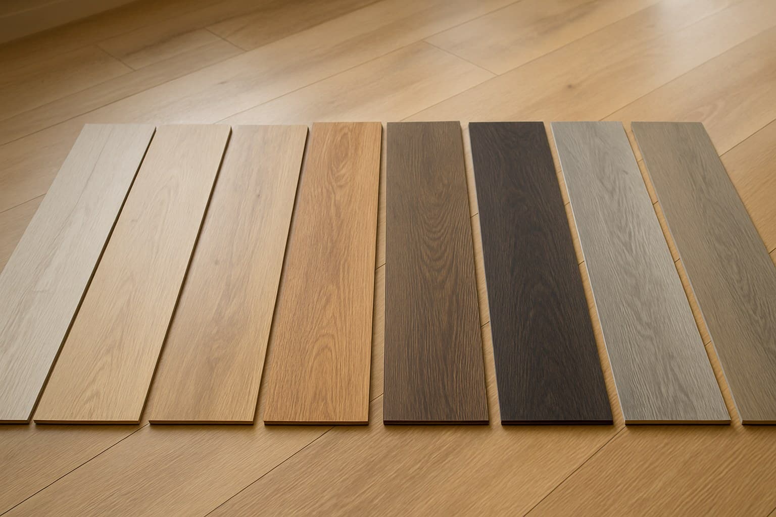 Row of flooring plank samples laid out side by side for comparison