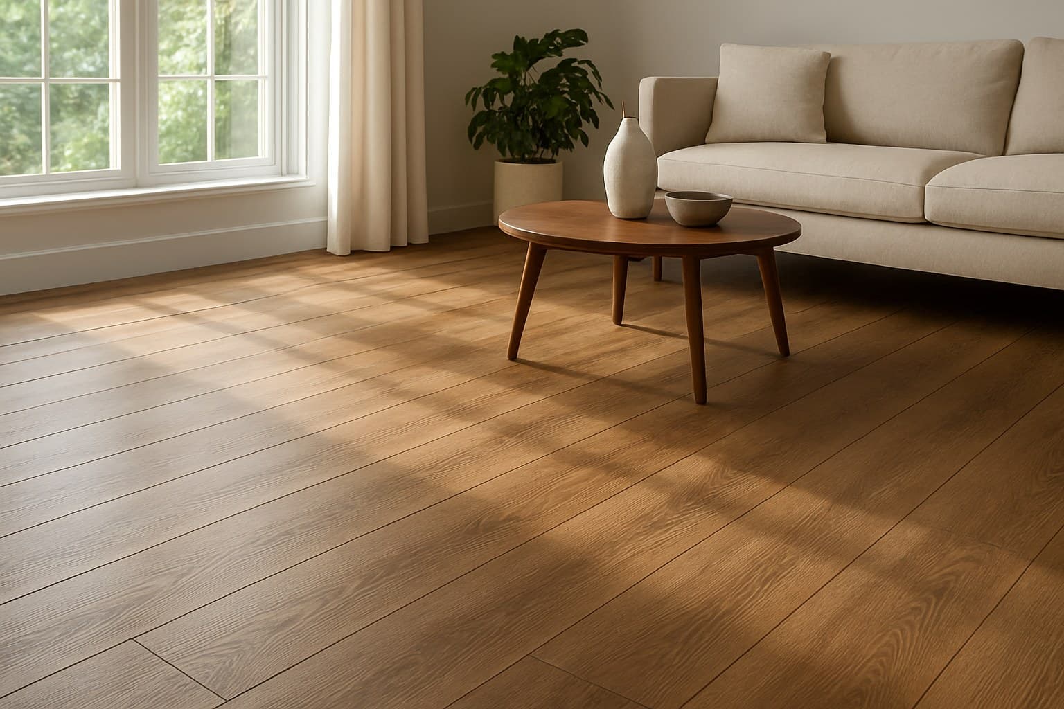Wood-look flooring planks in a sunlit living room