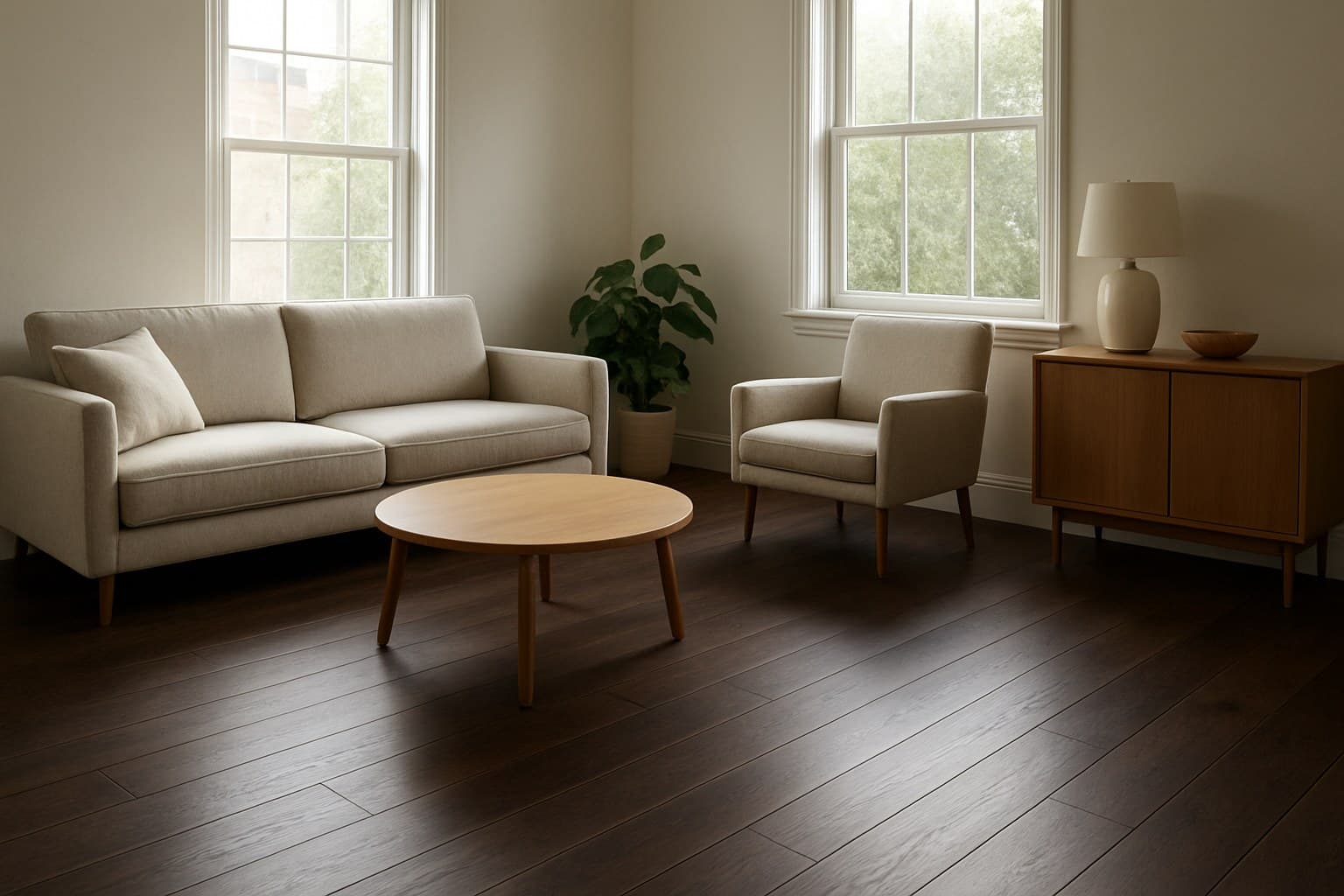 A small living room with dark wood flooring and bright windows