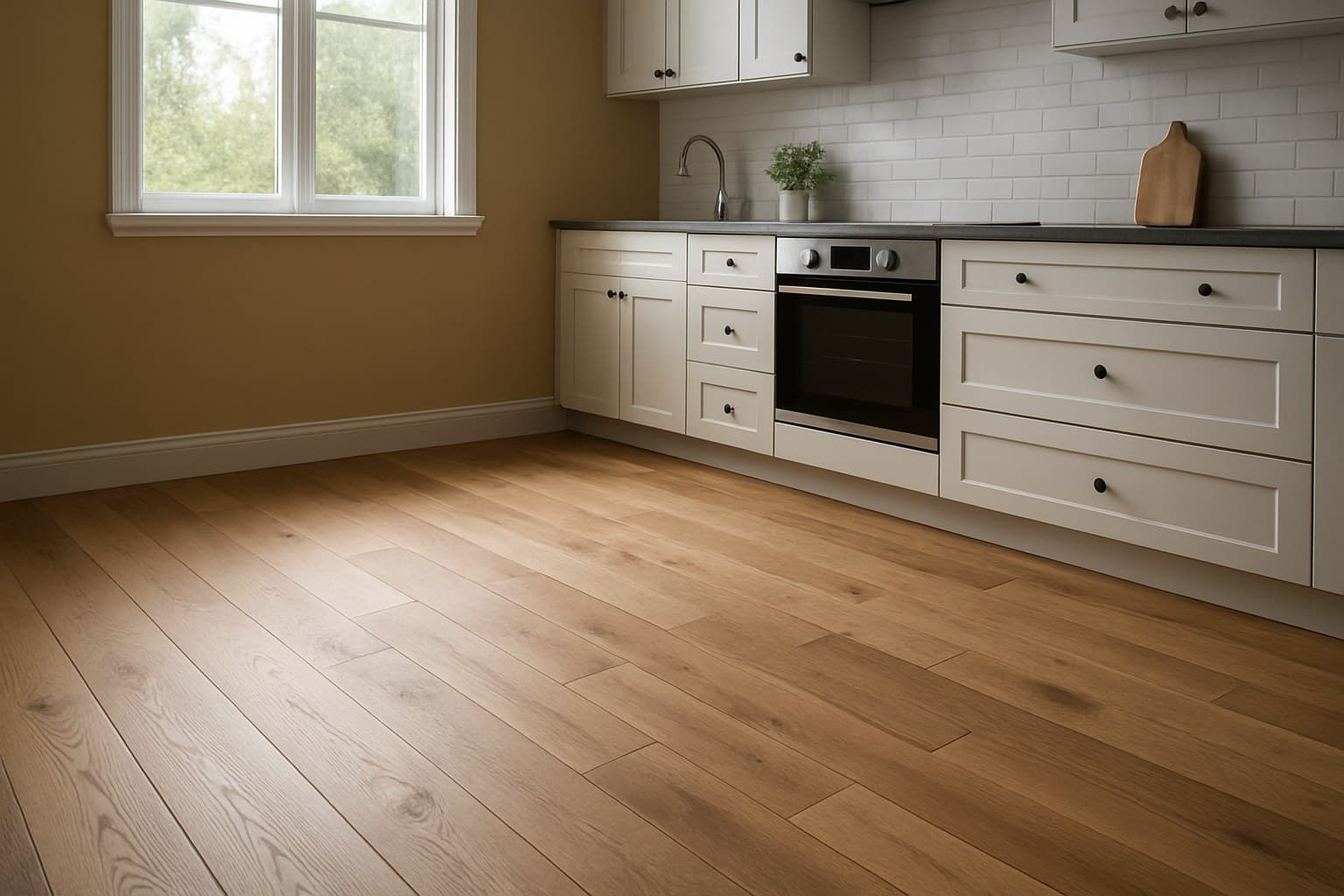 Wood flooring installed in a kitchen where moisture affects the choice