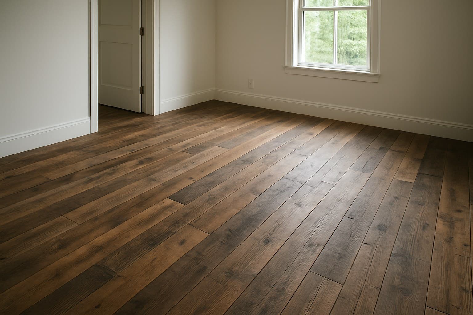 Finished room with reclaimed barnwood flooring installed underfoot