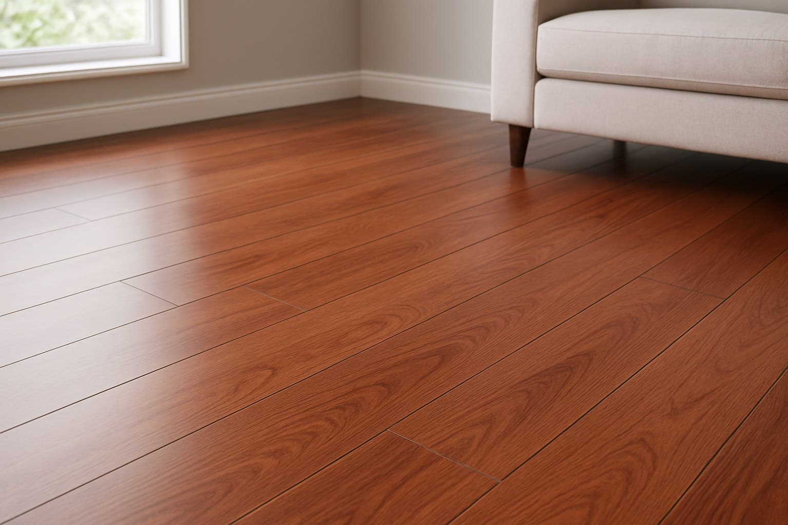 Close-up of cherry laminate flooring planks in a modern room
